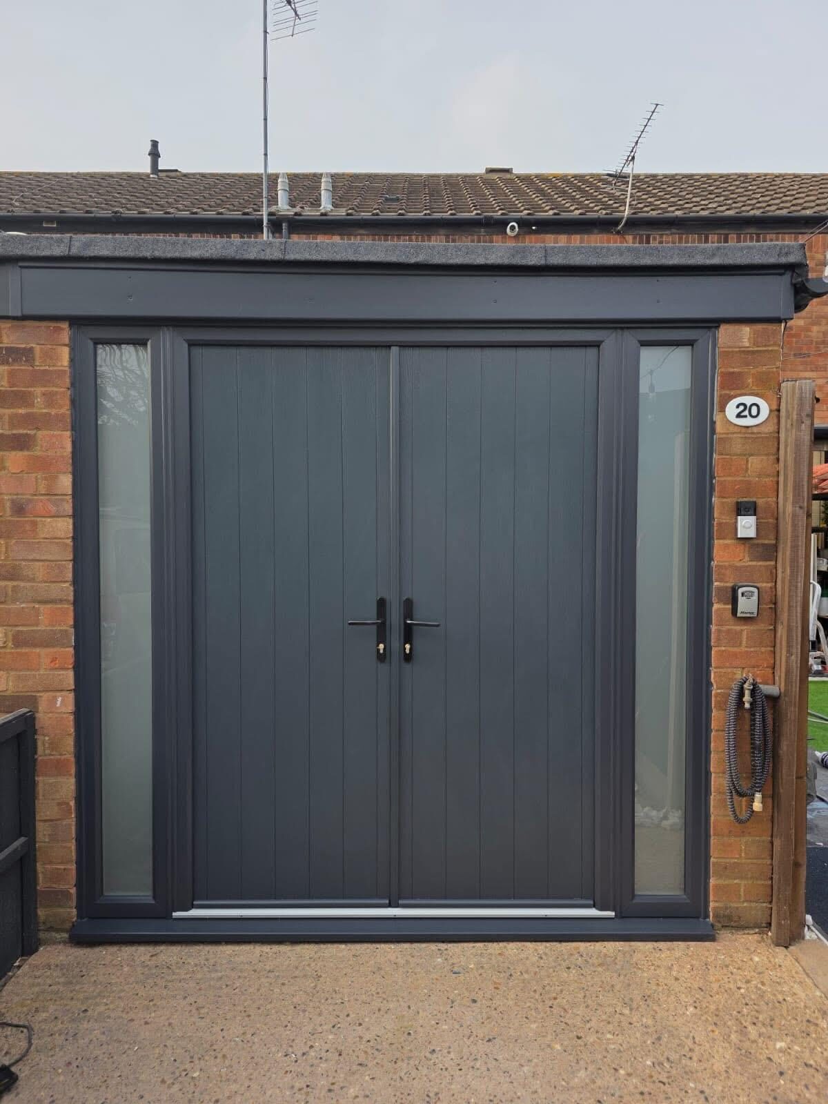 Anthracite composite double doors with glazed side panels